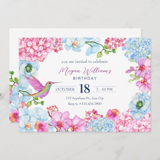 パステルピンクブルーフローラブランチと鳥の誕生日 招待状 (正面/裏面)