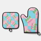 パステルピンクブルー市松模様にダンゴ 鍋つかみ&鍋敷きセット (正面)