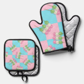 パステルピンクブルー市松模様にダンゴ 鍋つかみ&鍋敷きセット (正面/裏面)