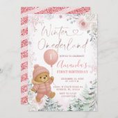 パステルピンクベアーバルーンウィンターオネダーランド 招待状 (正面/裏面)