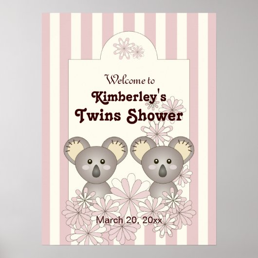 パステルピンクベビーコアラツインガールパーティーウェルカム ポスター (正面)