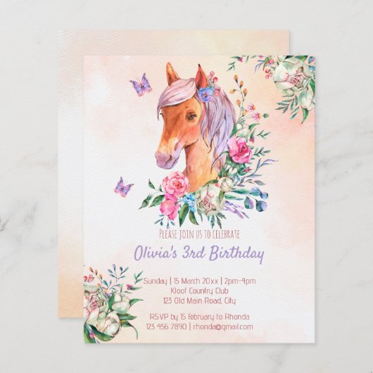 パステルピンクベビー馬の予算の誕生日の招待状 (正面/裏面)