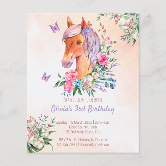 パステルピンクベビー馬の予算の誕生日の招待状 (正面)