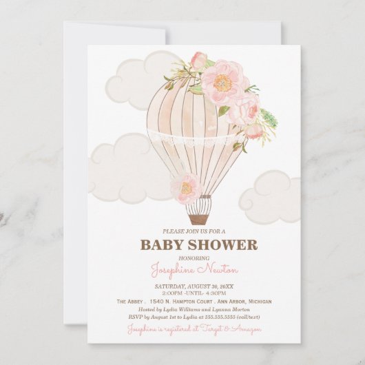 パステルピンクホットエアバルーンガールベビーシャワー 招待状 (正面)