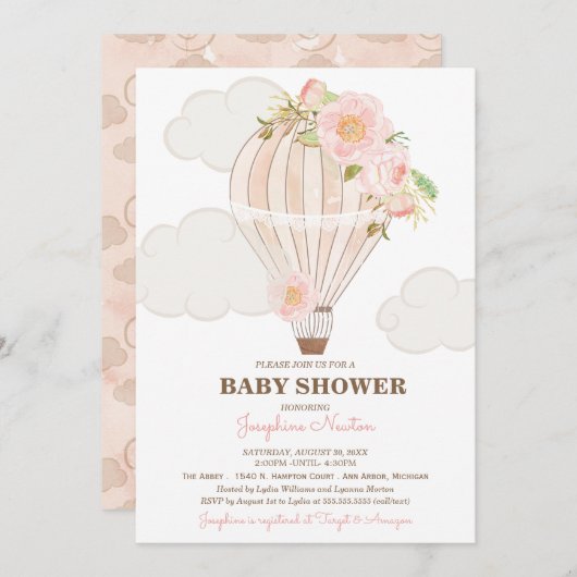 パステルピンクホットエアバルーンガールベビーシャワー 招待状 (正面/裏面)