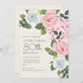 パステルピンクホワイトフローラウィメンズ80誕生日 招待状 (正面/裏面)