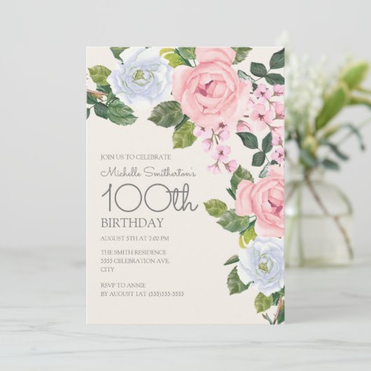 パステルピンクホワイトフローラウーマンズ100誕生日 招待状 (スタンド正面)