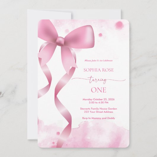 パステルピンクボウベビーガール1st誕生日の美学 招待状 (正面)