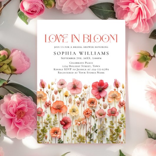 パステルピンクボホワイルドフラワーズブライダルシャワー 招待状