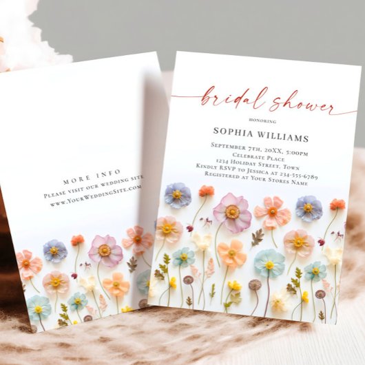 パステルピンクボホワイルドフラワーズブライダルシャワー 招待状