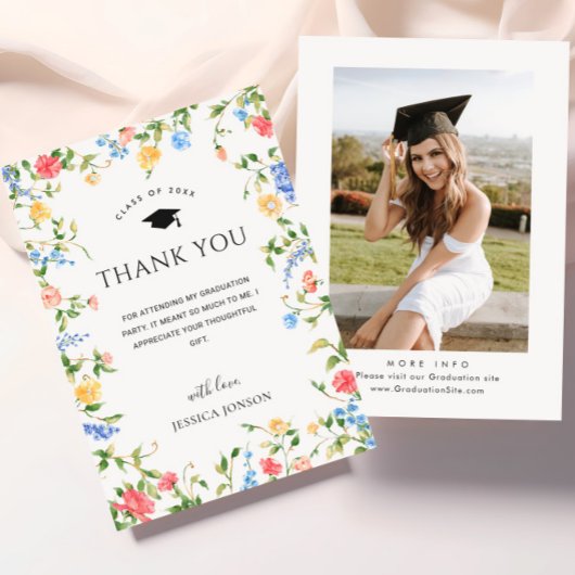 パステルピンクボホワイルドフラワーズ写真卒業 サンキューカード