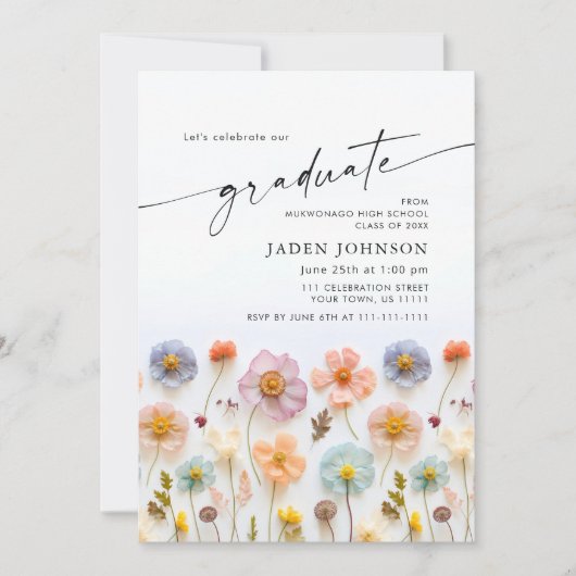 パステルピンクボホワイルドフラワー卒業パーティー写真 招待状 (正面)