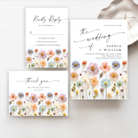 パステルピンクボホワイルドフラワー結婚のテーブル番号 招待状