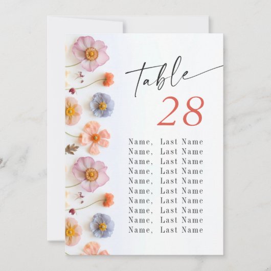 パステルピンクボホワイルドフラワー結婚のテーブル番号 招待状 (正面)