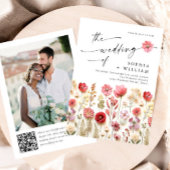 パステルピンクボホワイルドフラワー結婚ズのQRコード写真 招待状