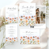 パステルピンクボホワイルドフラワー結婚ズのQRコード写真 招待状