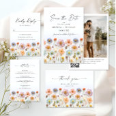 パステルピンクボホワイルドフラワー結婚ズのQRコード写真 招待状