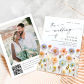 パステルピンクボホワイルドフラワー結婚ズのQRコード写真 招待状