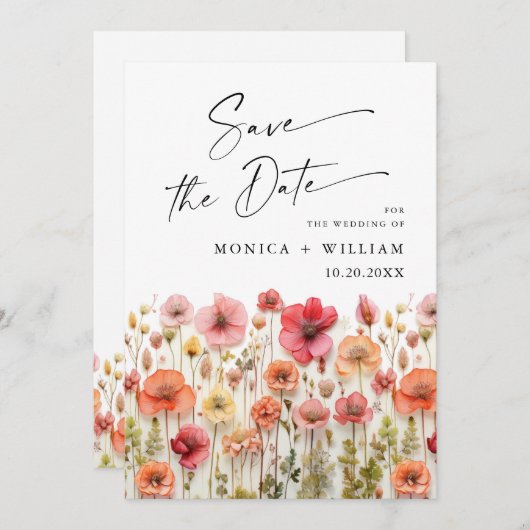 パステルピンクボホワイルドフラワー結婚ズQRコード セーブザデート (正面/裏面)