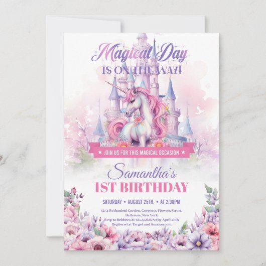 パステルピンクユニコーンとフェアリーキャッスル1st誕生日 招待状 (正面)