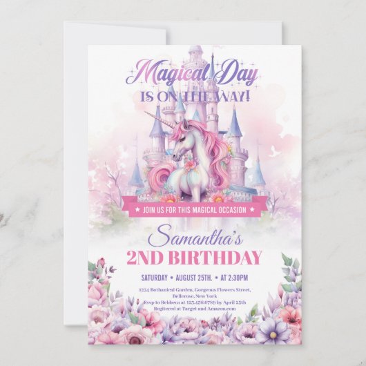 パステルピンクユニコーンとフェアリーキャッスル2nd誕生日 招待状 (正面)