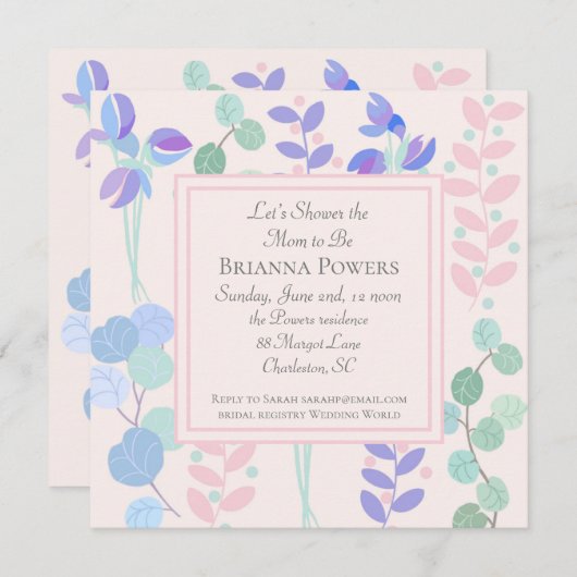 パステルピンクラベンダーお洒落ベビーシャワー 招待状 (正面/裏面)