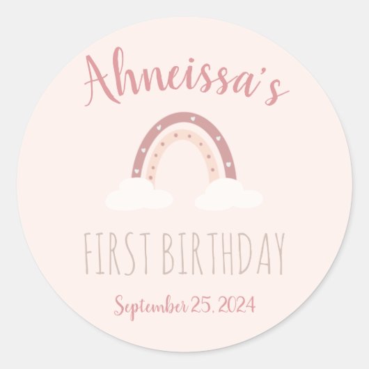 パステルピンクレインボーアンドクラウドファースト誕生日 ラウンドシール (正面)