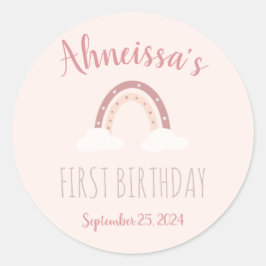 パステルピンクレインボーアンドクラウドファースト誕生日 ラウンドシール