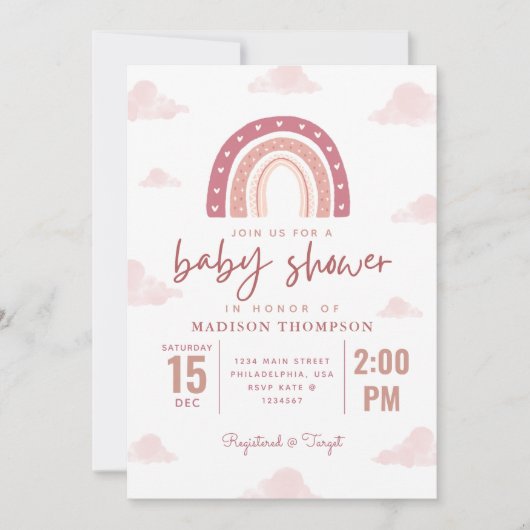 パステルピンクレインボークラウドガールベビーシャワーストライプ 招待状 (正面)