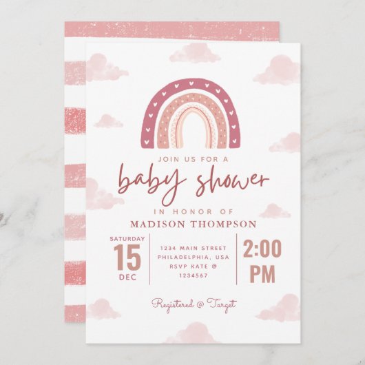 パステルピンクレインボークラウドガールベビーシャワーストライプ 招待状 (正面/裏面)