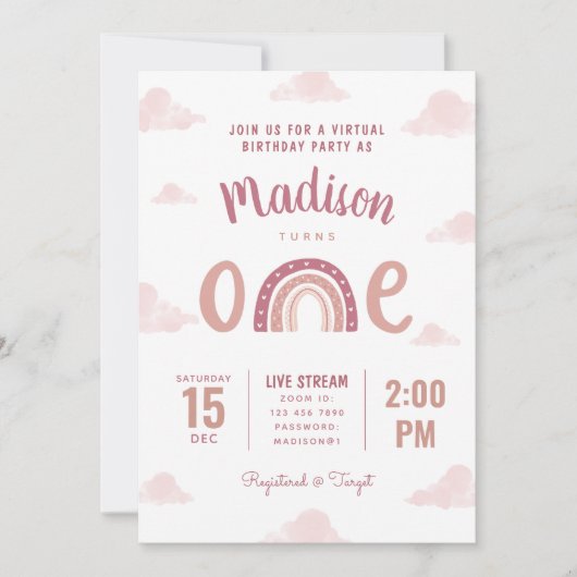 パステルピンクレインボークラウドバーチャルファースト誕生日 招待状 (正面)