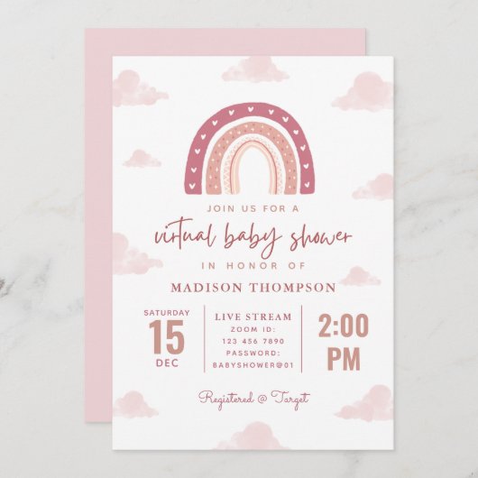 パステルピンクレインボークラウドバーチャルベビーシャワー 招待状 (正面/裏面)