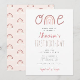 パステルピンクレインボークラウドファースト誕生日 招待状