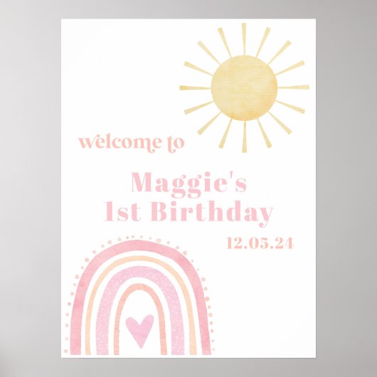 パステルピンクレインボーサン1stバースデーウェルカムサイン ポスター (正面)