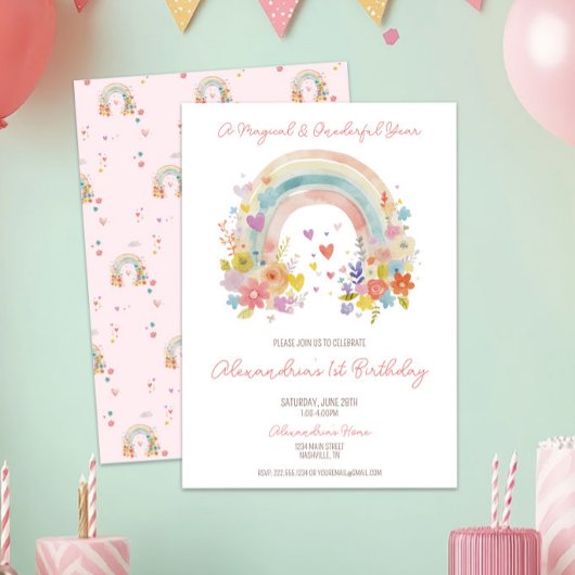 パステルピンクレインボーフローラ1st誕生日 招待状
