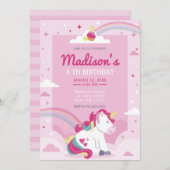 パステルピンクレインボーユニコーンバースデーパーティー 招待状 (正面/裏面)