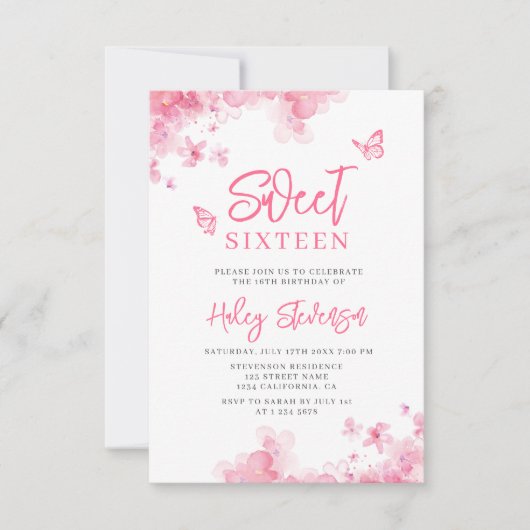 パステルピンクロマンチックフローラの水の色の甘い16 招待状 (正面)