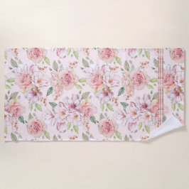 パステルピンクローズフローラコラージュ ビーチタオル
