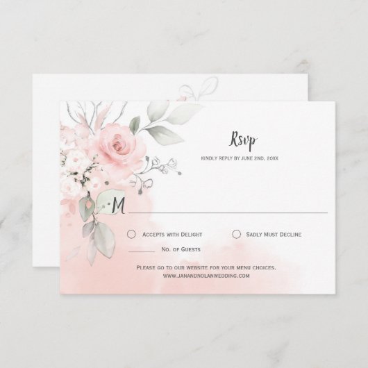 パステルピンクローズ淡い色のピンクウォーター洗剤 出欠カード (正面/裏面)