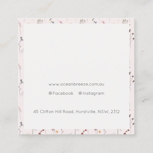 パステルピンクワイルドフラワーウォータカラーリボンモノグラム スクエア名刺 (裏面)