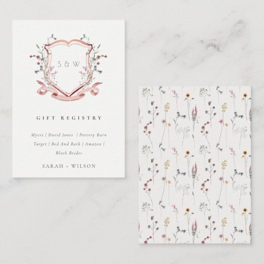 パステルピンクワイルドフラワークレスト結婚のギフトレジストリ エンクロージャーカード (正面/裏面)