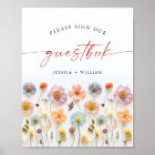 パステルピンクワイルドフラワーズゲストブック結婚のサイン ポスター (正面)