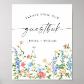 パステルピンクワイルドフラワーズゲストブック結婚のサイン ポスター (正面)