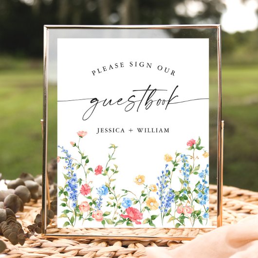 パステルピンクワイルドフラワーズゲストブック結婚のサイン ポスター