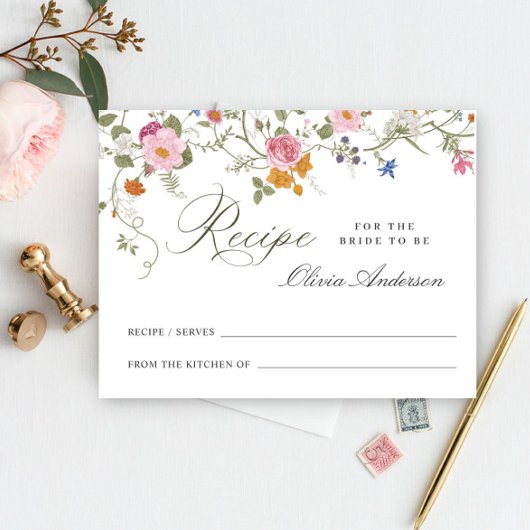 パステルピンクワイルドフラワーブライダルシャワーレシピカード ポストカード
