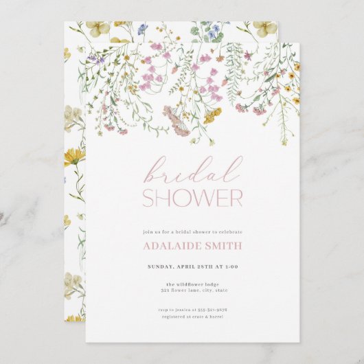 パステルピンクワイルドフラワーブライダルシャワー招待 招待状 (正面/裏面)