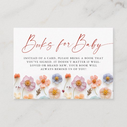 パステルピンクワイルドフラワーベビーシャワーブックベビー エンクロージャーカード (正面)