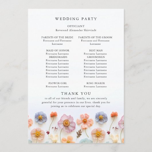 パステルピンクワイルドフラワー結婚ズの式典 プログラム (裏面)