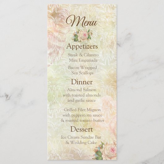 パステルピンクヴィンテージ結婚バラのメニューカード メニュー (正面)