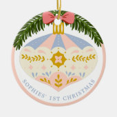 パステルピンクヴィンテージ1stクリスマスロッキングホース セラミックオーナメント (正面)